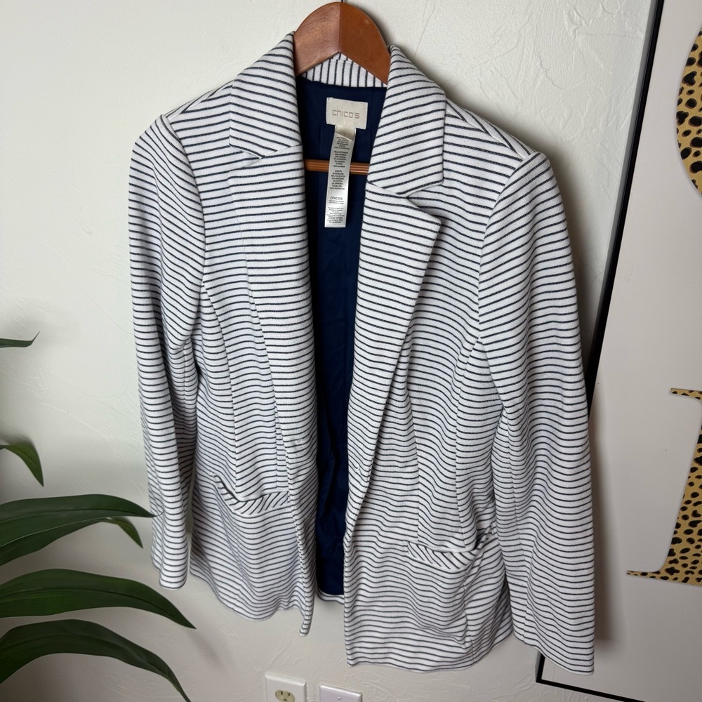 Chico’s Striped Knit Blazer with Navy Ribbon Detail – Size 1 (Medium)